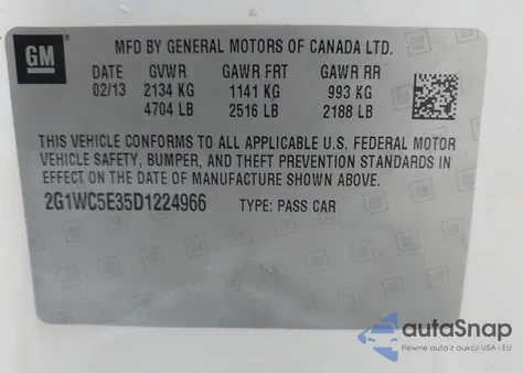 2013 Chevrolet Impala Ltz z USA, uszkodzony, nr VIN 2G1WC5E35D1224966